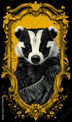 Illustration of a badger in a yellow and black background. Magic house.	 photo