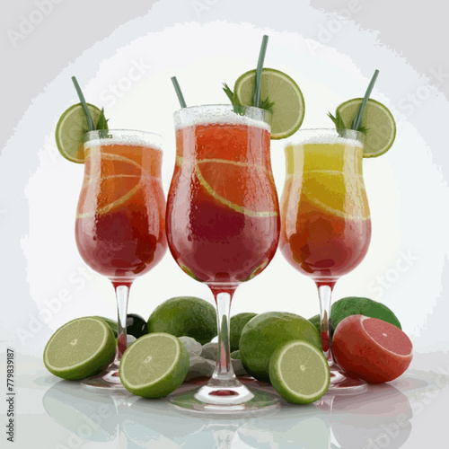 A frontal view of freshly made, chilled cocktails in glasses with a white backdrop Vector