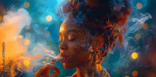 Closeup art fashion portrait of beautiful African woman smoking with colorful braids in neon colors 