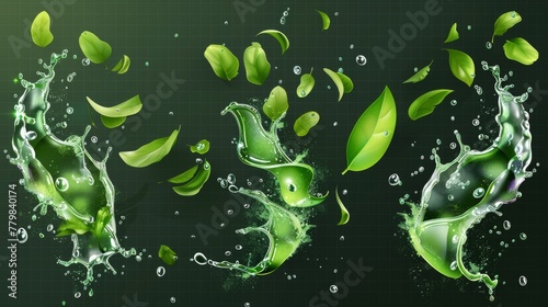 A splash of green tea with mint and matcha isolated on a transparent background. Modern realistic set of falling and flowing liquids, menthol drink, cold tea with peppermint leaves.