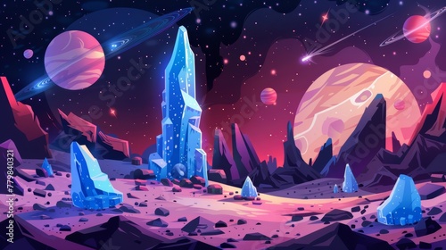 Modern illustration of alien planet surface with stars, satellites, rocks and shiny blue crystals. A space game background with alien planet scenery.