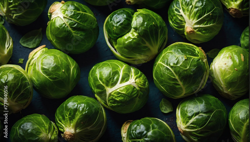 Brussels sprouts on a deep green background, crunchy and nutty green Brussels sprouts. photo