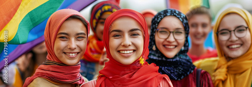Vibrant Expression Unity Diverse Women Pride Flag Hijab LGBTQ+ Acceptance