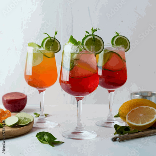 A frontal view of freshly made, chilled cocktails in glasses with a white backdrop Vector