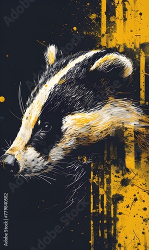 Illustration of a badger in a yellow and black background. Magic house.	 photo