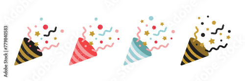 Party Popper Hat, Happy Birthday Cracker, Birthday cap with Glitter Confetti set. Vector illustration in flat style