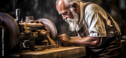Master craftsman shaping aged wood in a workshop reminiscent of yesteryear