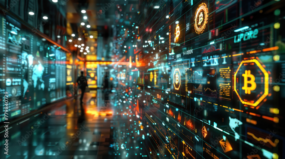 Bitcoin blockchain cryptocurrency mining technology, digital background wallpaper banner. Generative Ai Bitcoin blockchain cryptocurrency mining technology, digital background wallpaper banner. Generative Ai