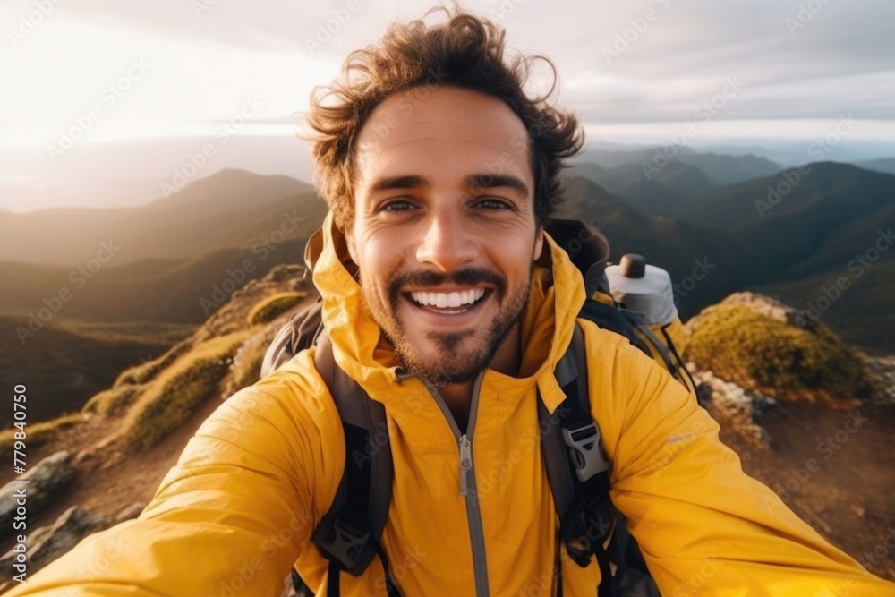 a happy person hiking in the mountain