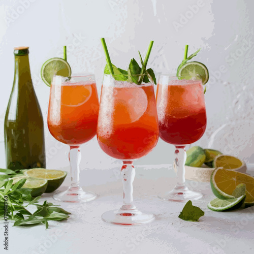 A frontal view of freshly made, chilled cocktails in glasses with a white backdrop Vector