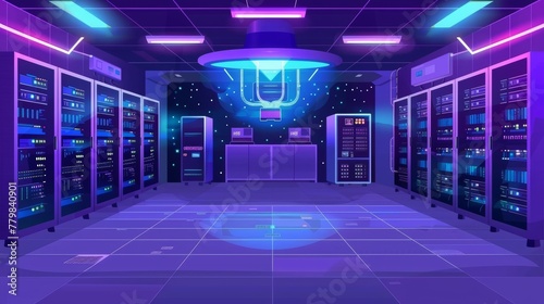 The interior of a future data center with holograms of processors and hardware. Concept of bigdata technology and cloud information bases.