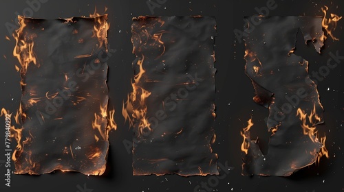 Realistic 3D modern objects set featuring burnt paper borders, charred uneven edges, burnt parchment sheets in flames. Burned, torn, or ripped frame isolated on transparent background. photo