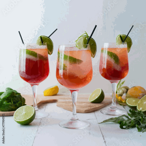 A frontal view of freshly made, chilled cocktails in glasses with a white backdrop Vector