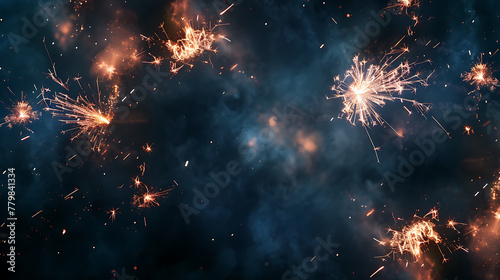 Silvester Fireworks background banner panorama - firework and sparklers on rustic dark blue night sky texture. Generative Ai