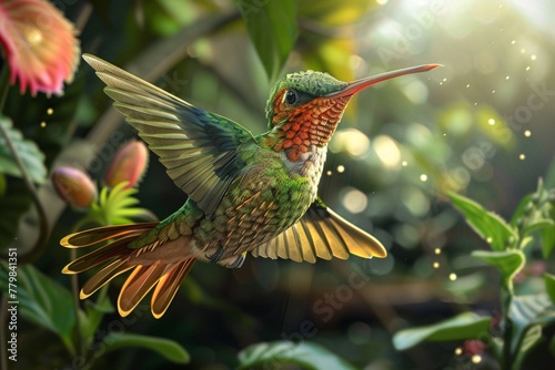 A hummingbird in flight, darting through a vibrant green forest filled with foliage and trees