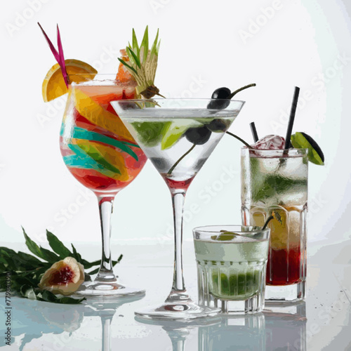 A frontal view of freshly made, chilled cocktails in glasses with a white backdrop Vector
