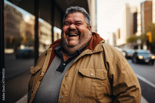 middle age adult man happy expression outdoors in a city. ai generated © kues1
