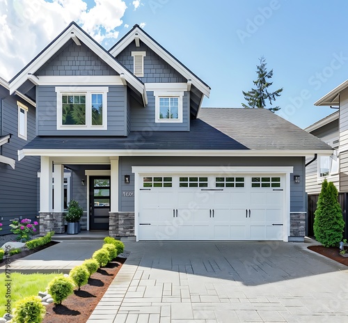 front of beautiful gray craftsman style home with white trim, garage door and double car driveway on sunny day in the pacific northwest stock photo contest winner photo
