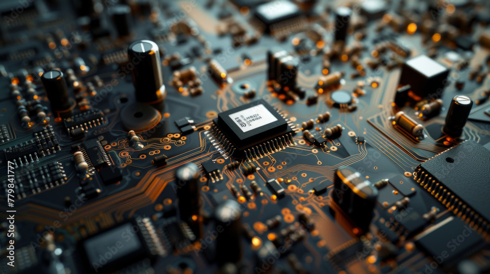 A close-up of a circuit bord, showcasing intricate electronic components A close-up of a circuit bord, showcasing intricate electronic components