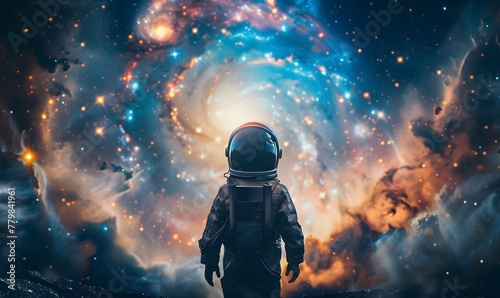Fantasy illustration, a boy dressed as an astronaut looking at the starry sky and universe, child dream and hope concept. photo