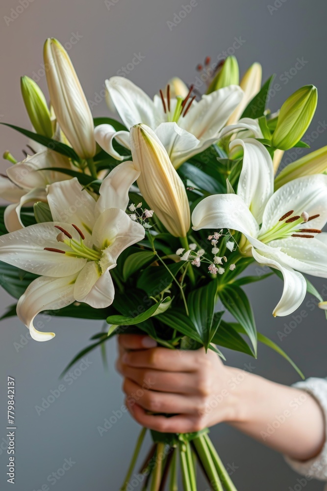 A woman holds a bountiful bouquet of pure white lilies