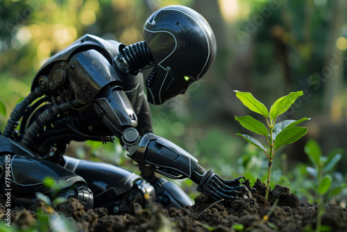 Robots growing plants on the farm, agricultural automation smart planting concept illustration