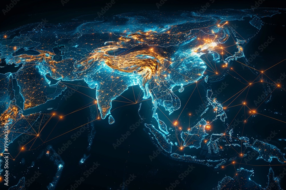 Digital map of Asia, concept of global network and connectivity, data transfer and cyber technology, business exchange, information and telecommunication - obrazy, fototapety, plakaty 