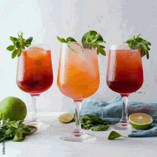 A frontal view of freshly made, chilled cocktails in glasses with a white backdrop Vector