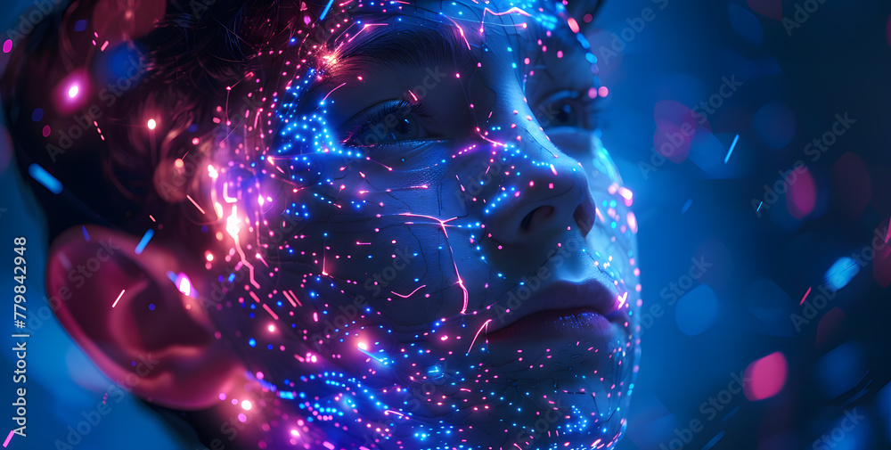 Futuristic technological neon high-tech portrait of boy with glowing neon circuit traces in their skin Futuristic technological neon high-tech portrait of boy with glowing neon circuit traces in their skin