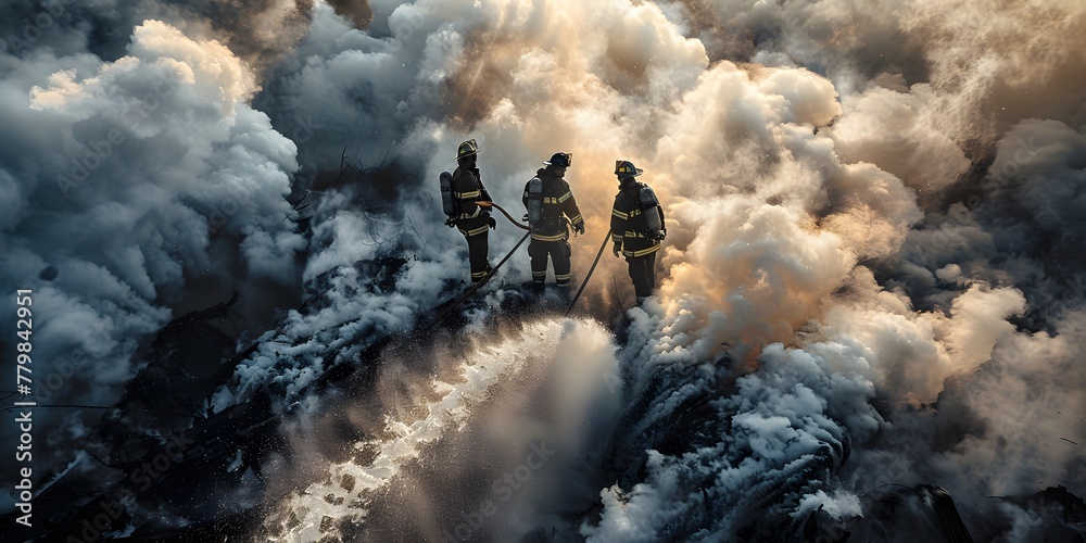 firefighters battling a blazing and  fighting with fire flame in an emergency situation., under danger situation all firemen wearing fire fighter suit for safety.