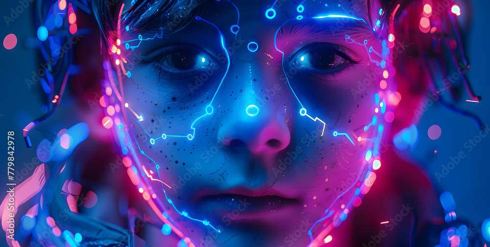 Futuristic technological neon high-tech portrait of boy with glowing neon circuit traces in their skin