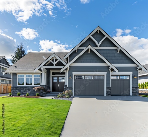 front of beautiful gray craftsman style home with shingle roof, concrete driveway and green grass in front yard, blue sky, pacific northwest landscape, home photography