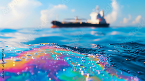 Oil floating on the surface of the ocean, water pollution and chemicals create problems for the environment, living things and natural resources photo