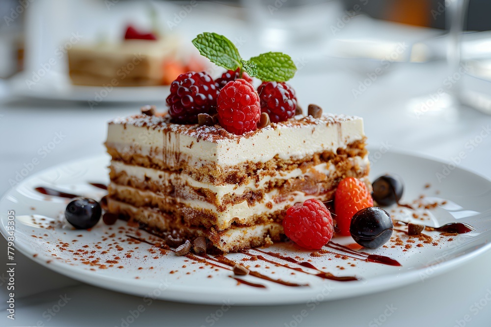 A piece of cake sitting on top of a white plate A piece of cake sitting on top of a white plate