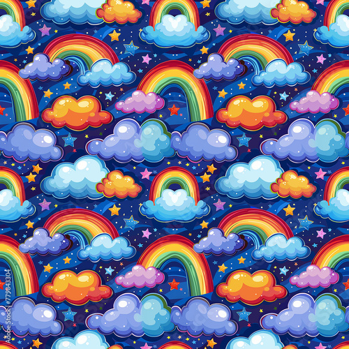 A seamless pattern with colorful rainbows, fluffy clouds, and sparkling stars