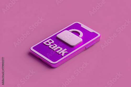 Isometric 3D render of word “Bank” placed on smartphone with gradient background, online banking or digital wallet concept