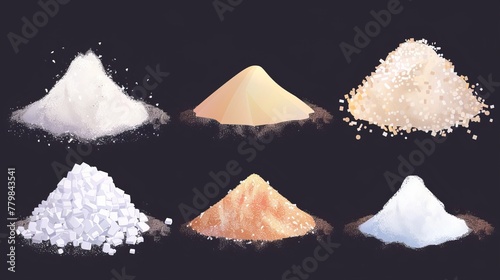 Set of stains of chalk or sand, coarse culinary salt or sugar granules in a white dusty coating. Modern realistic set of stains isolated on black. photo