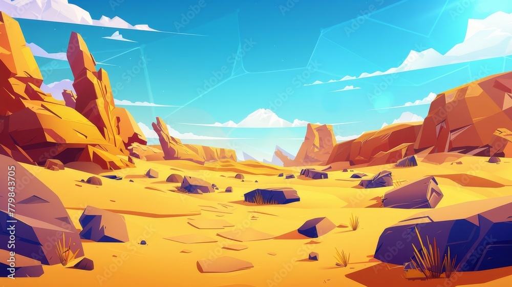 A desert landscape with golden sand dunes and stones set against a cloudy blue sky. Hot, dry and deserted African or Mexican nature background with yellow sandy hills. Cartoon image in modern format.