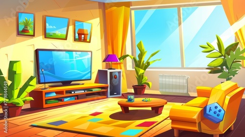 A living room interior depicting a sofa, a tv set, a play console with joystick, a potted plant. A modern cartoon illustration of a lounge, containing a coffee table, wooden floor and a lamp.