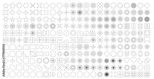 large set of geometric and abstract shapes flat black only outlines lineart