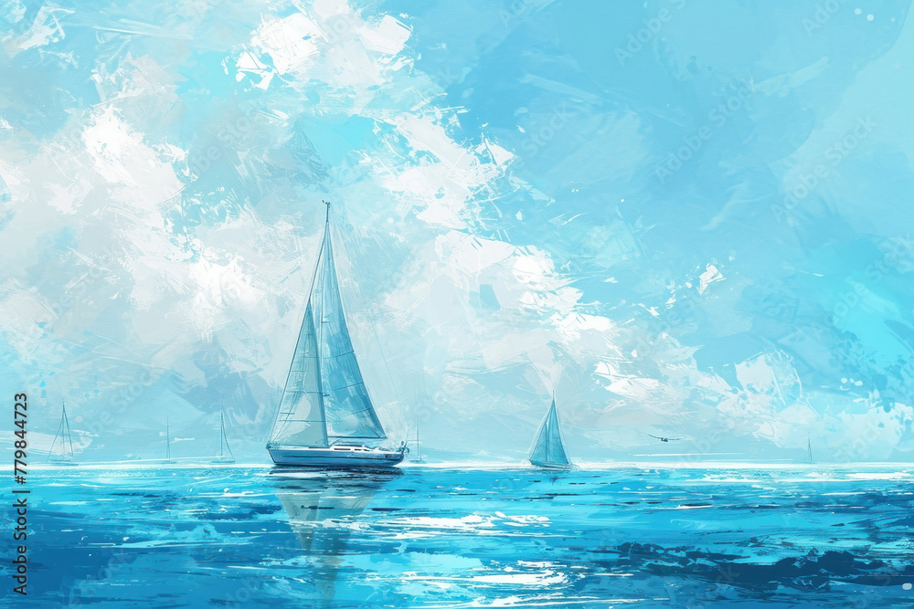 Serenity at Sea A Tranquil Painting of a Sailboat Sailing on the Ocean under a Dramatic Cloudy Sky