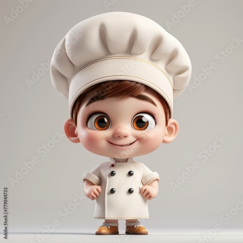 A cute cartoon chef boy wearing a chef's hat and a white apron. The child is smiling and he is happy. 3d render style, children cartoon animation style