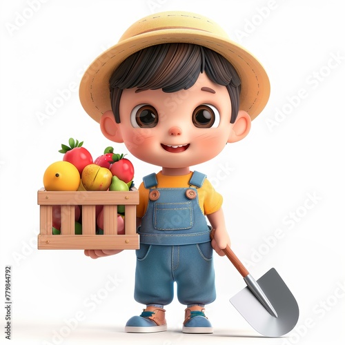 A  cute cartoon farmer boy is holding a basket of fruit and a shovel. The boy is smiling and he is happy. 3d render style, children cartoon animation style