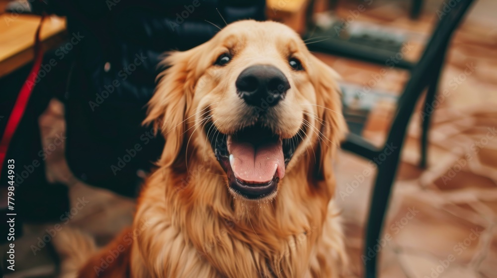 Happy golden retriever enjoying a sunny day at an outdoor cafe with people sitting nearby and lively atmosphere Happy golden retriever enjoying a sunny day at an outdoor cafe with people sitting nearby and lively atmosphere