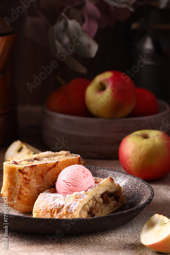 apple strudel with cinnamon and ice cream