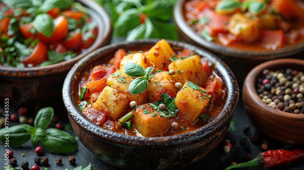 Freshly prepared vegetable curry served in rustic bowls garnished with herbs and spices in a vibrant kitchen setting during lunchtime Freshly prepared vegetable curry served in rustic bowls garnished with herbs and spices in a vibrant kitchen setting during lunchtime