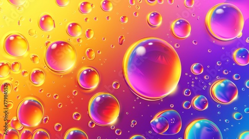 Top view  colorful bubbles with liquid splashes. Skin care cosmetic hydration spots - realistic 3D modern illustration.