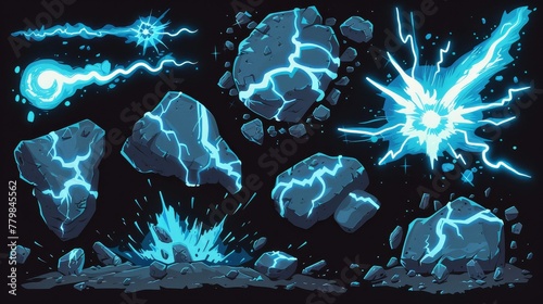 Lightning bolt hit into ground vfx effect. Blue electric or magic thunderbolt strike, impact, crack, wizard energy flash. Modern cartoon set isolated on black.