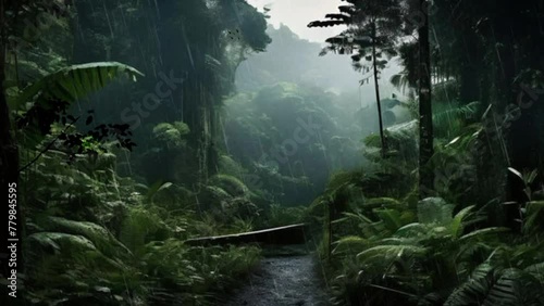 In a rainforest landscape, large, lush trees provide a charming canopy layer, while epiphytes and lianas beautify the trees. seamless looping time lapse animation video background photo
