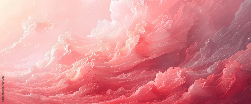 Radiant coral mist swirling over a surreal dreamscape painted in shades of dusty rose.